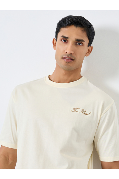 Styli Men Cream Embroidered Oversized T-Shirt