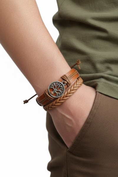 E&F Takı Tree of Life Design Tan 2 Pieces Genuine Leather Bracelet Fashion Bracelet Gift Bracelet
