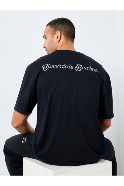 Styli Men Black Embroidered Back Crew Neck T-Shirt