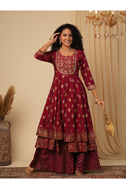 Globus By Styli Women Maroon Embroidered Anarkali Kurta
