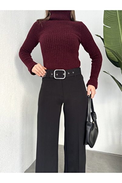 Lila Moda Pantaloni din material textil cu talie înaltă și picior larg, cu curea