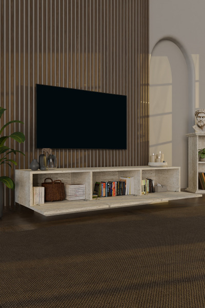 webotto 8 AlmadDouble Tv Ünitesi Modern Uçan Tv Sehpası 6 kapaklı 260cm Traverten Desen
