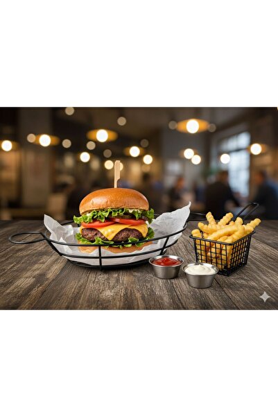 Egem Home Siyah Metal Oval Fast Food Servis Sepeti Patates Kızartması Hamburg...