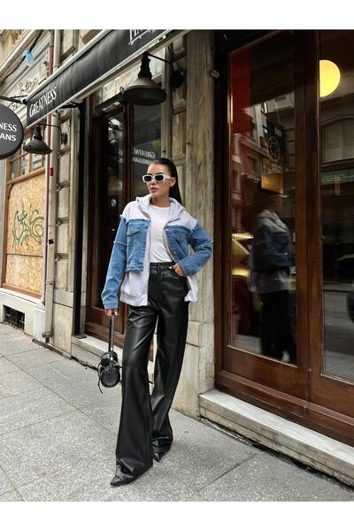 DONNA LISSA Denim Detailed Light Gray Oversized Premium Cardigan