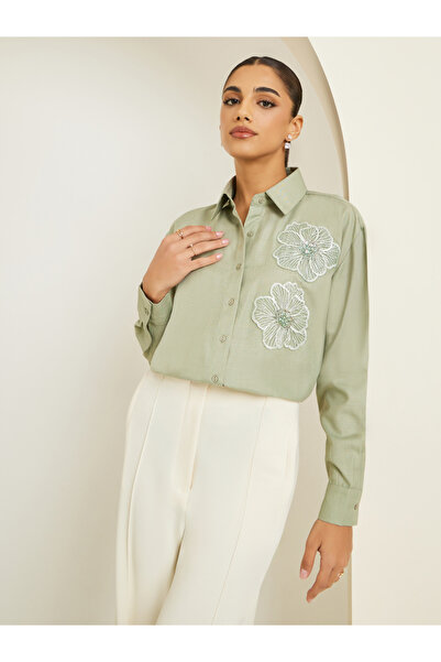 Styli Women Green Floral Embroidered Long Sleeve Shirt