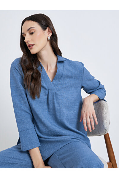 Styli Women Blue Longline Shirt with 3/4 Sleeve