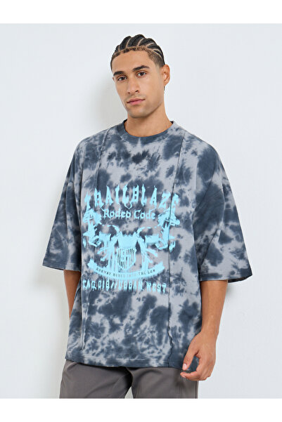 Styli تيشيرت رجالي رمادي بنقشة ربطة العنق المطبوع برسومات قصة فضفاضة