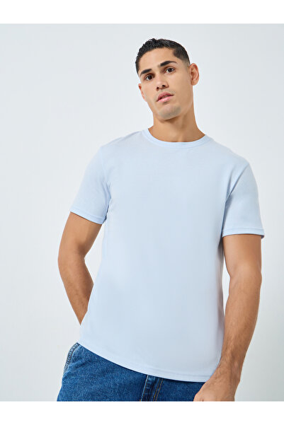 Styli Men Light Blue Crew Neck Cotton Blend T-Shirt