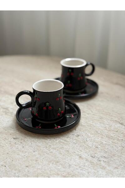 Home Siyah Kiraz Figürlü El Yapımı 2'li Seramik Kahve Fincanı Takımı 4 Parça