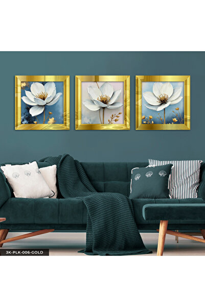 Evinemoda White Flower with Gold Leaves 3 Piece Gold Plexi Mirrored Framed Pa...