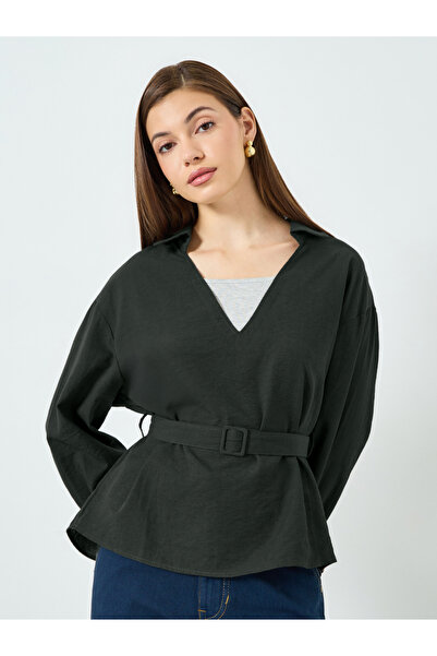 Styli Women Black Belted Long Sleeve Blouse