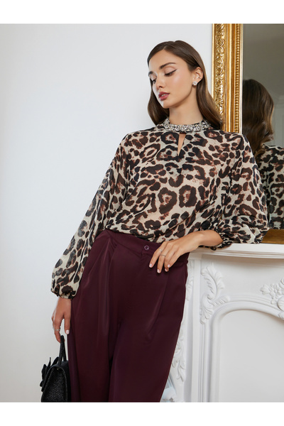 Styli Women Brown Leopard Print Long Sleeve Blouse