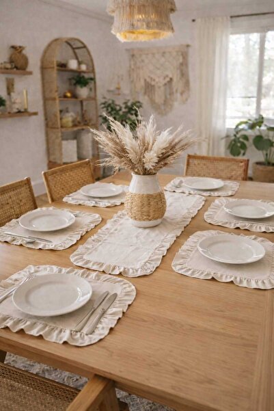 DDHOME Ruffled Linen Runner Rectangular Supla Set - 7 Piece Guest Dowry Set