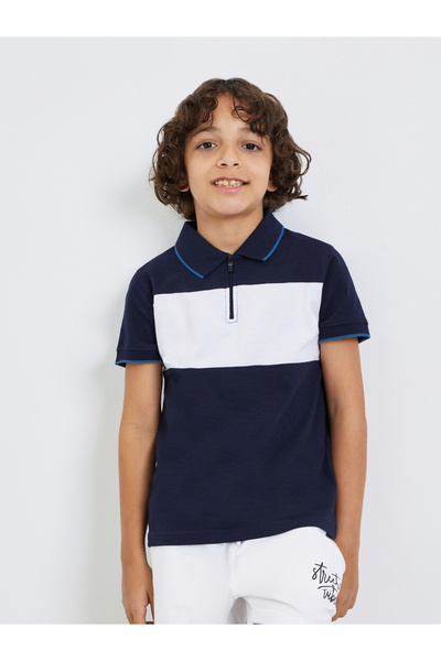 Styli Boys Navy Blue Color Block Polo T-Shirt with Zipper