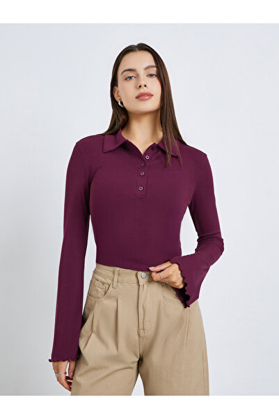 Styli Women Burgundy Ribbed Polo T-Shirt