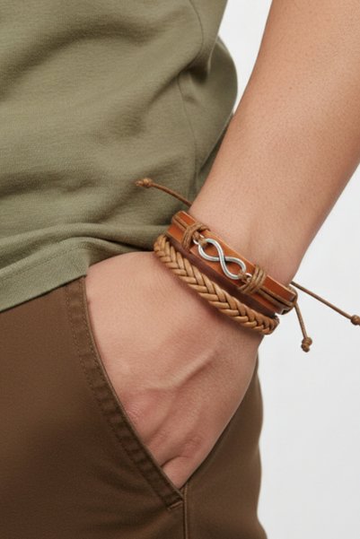 E&F Takı Infinity Design Tan 2 Pieces Genuine Leather Bracelet Fashion Bracelet Gift Bracelet