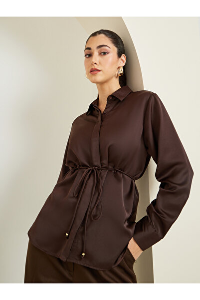 Styli Women Brown Long Sleeve Shirt with Tie Waist