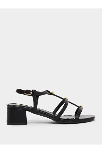 Styli Women Black Strappy Sandals with Gold Accents