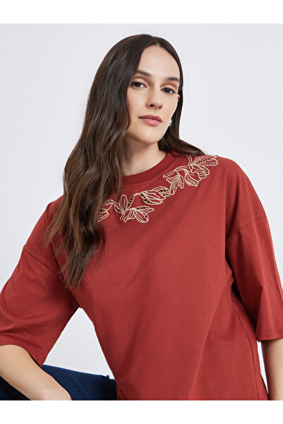 Styli Women Red Embroidered Oversized T-Shirt