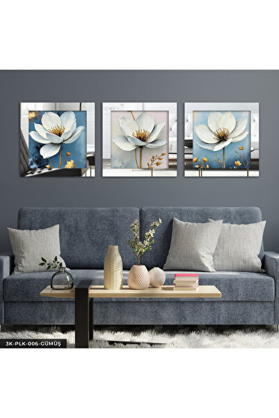 Evinemoda Srebrna slika u pleksiglasu sa zlatnim listićima i belim cvećem, u ...