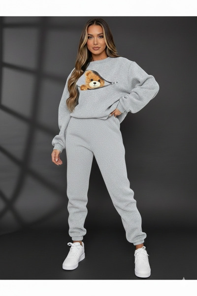 WOODROFFE Women's Zippered Cute Bear Printed Crew Neck Gray/Black Tracksuit Set