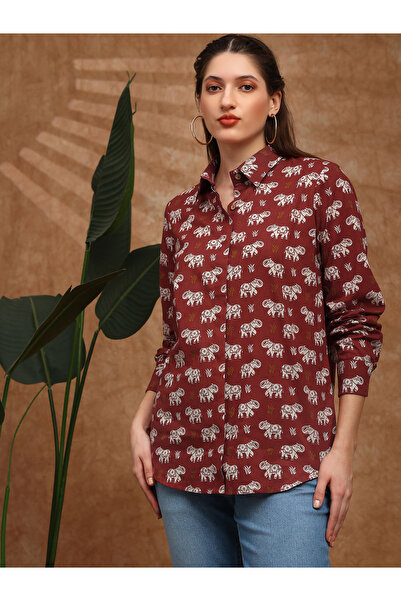 Globus By Styli Women Red Collared Tribal Print Shirt Tunic