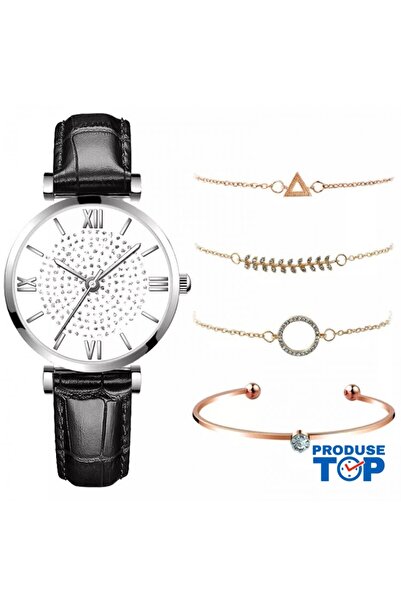 QUARTZ Ceas de damă cu curea din piele ecologică neagră și set de 4 brățări a...