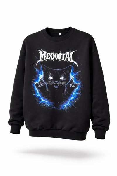 DARK LİNE Meowtal 100% Cotton Unisex Black Oversized Sweatshirt