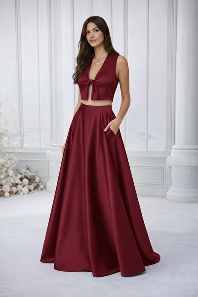 MadyaButik Women's Burgundy Pocketed Padded Kiloş Skirt