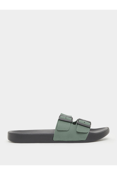 Styli Men Green Buckle Slide Sandals