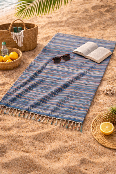 İQON شال رفيع مخطط |   منشفة الشاطئ والحمام - أزرق