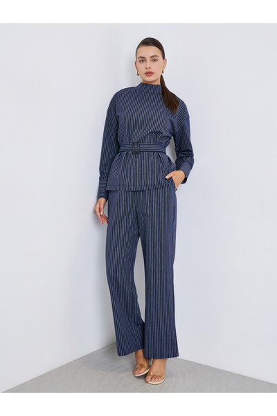 Styli Women Striped Stand-Up Collar Belted Top and Pants Co-Ords