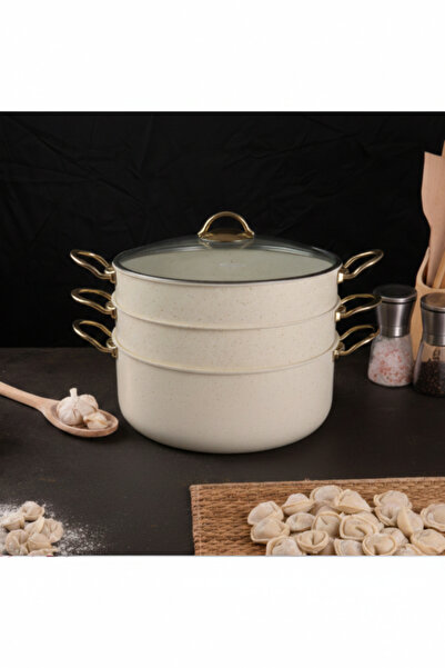 EVREN MUTFAK 4 Piece 30 cm Cream Ezze Series Steamer, Ravioli Pot Set 7.5 Lt