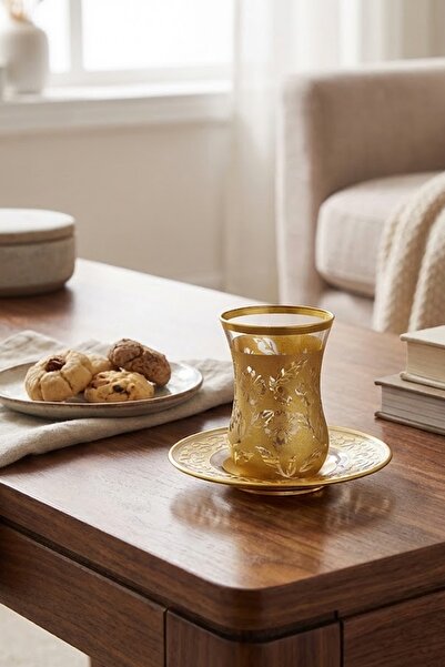 DECOSTYLE Eylül Matte Gold 62561 12 Piece Tea Set with Thick Patterned Base 1...