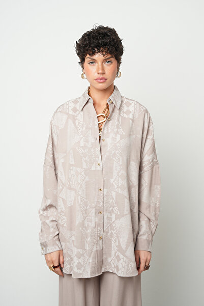 Orfeo Negro Women's Viscose Blended Patterned Beige Color Oversized Tunic Shirt