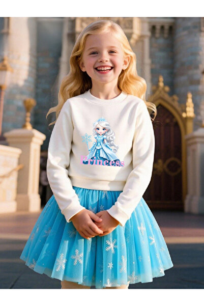 Take Two By Styli Girls Princess Graphic Printed Sweatshirt with Mesh Skirt Set