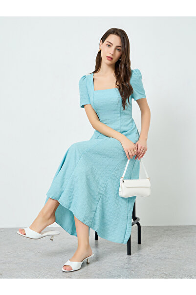 Take Two By Styli Women Teal Textured Square Neck Fitted Waist Midi Dress