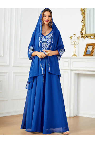 Take Two By Styli Women Embroidered V Neck Jalabiya with Hijab