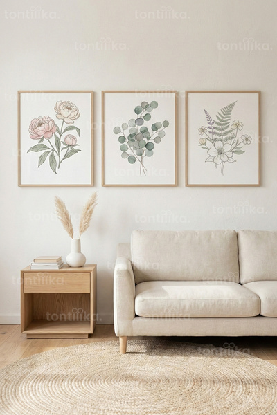 Tontilika Minimal Botanik Çiçek ve Yapraklar 3’lü Ahşap Çerçeveli Tablo Seti ...
