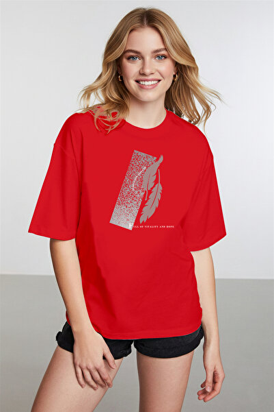 caddekombin Palmiye Detailed pentru femei cu imprimeu guler rotund Roșu tricou