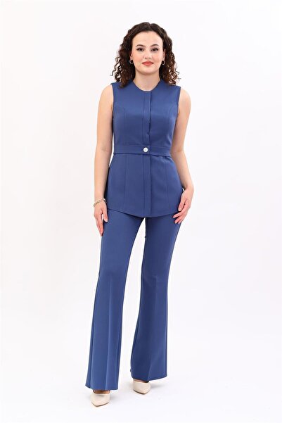 ÖNDER ÖZSOY Zero Collar Hidden Button Belted Vest & Elastic Flared Pants Wome...