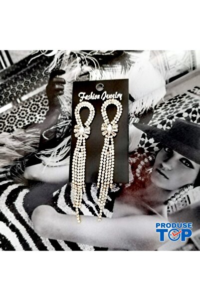 Produse.Top Elegant Long Golden Earrings with Fringes and Rhinestones CW66