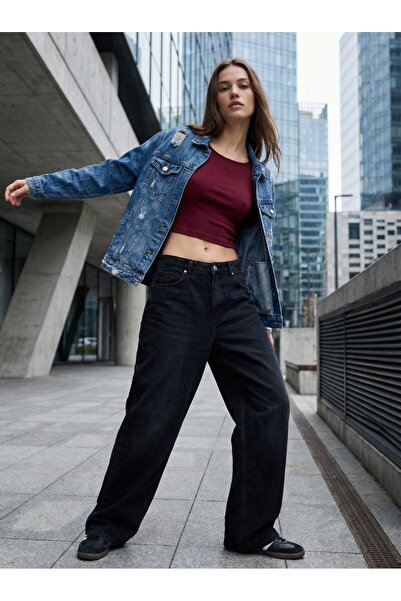 Ltb Long Sleeve Crew Neck Crop Burgundy Sweatshirt