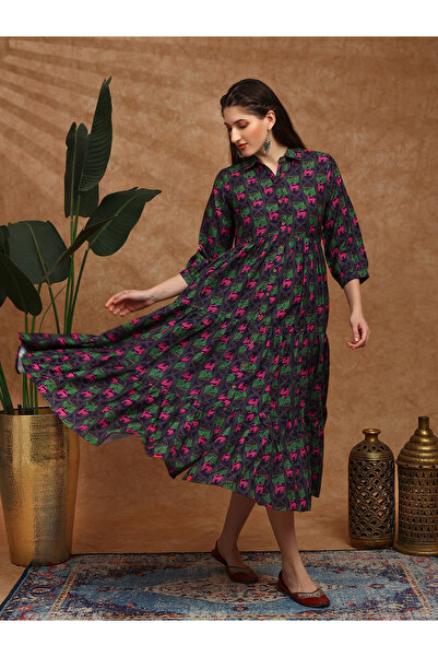 Globus By Styli Women Purple Collared Bishop Sleeves Midi Dress