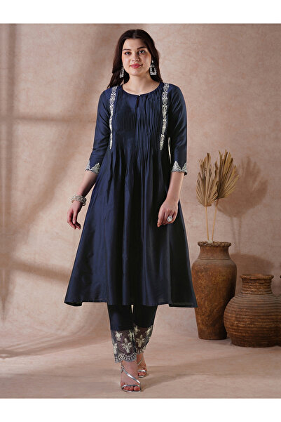 Globus By Styli Women Blue Embroidered Pleated Kurta with Lace Hem Pants Set