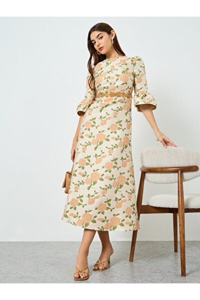 Styli Women Beige Floral Maxi Dress with 3/4 Sleeves