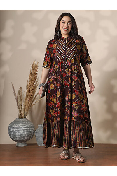 Globus By Styli Plus Size Women Wine Floral Foil Print Maxi Dress