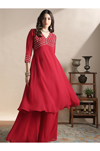 Globus By Styli Women Red V-Neck Floral Zari Embroidered Kurta with Sharara Set