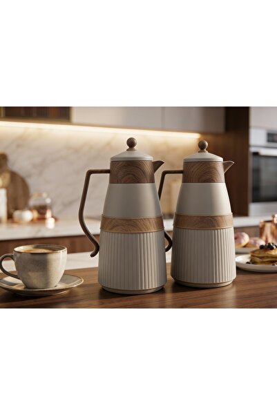 ZALA Premium Light Grey & Wooden Texture Twin Thermos Flask Set 2×1 Liter, Fa...