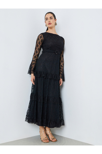 Styli Women Black All-Lace Ruffle Detail Maxi Dress